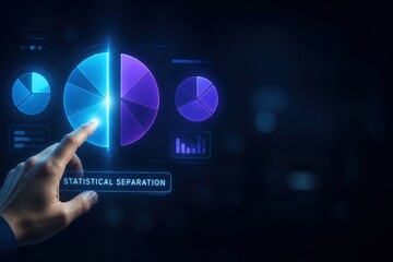 Fototapeta premium Political Polarization Analysis concepts. Human hand interacting with futuristic digital pie chart and data visualization