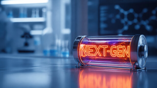 Next gen batteries research in modern laboratory with glowing energy cell and clean futuristic technology