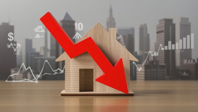 Wooden house replica with red downward arrow indicating decline in real estate, home worth, or housing need. Idea of economic downturn, property value drop, or mortgage issue.