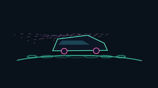 Neon cyber truck outline animation: futuristic electric vehicle driving on digital road concept 4k