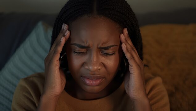 Young African American woman experiencing sinus discomfort, holding her nose, eyes closed and frowning in pain at home, close-up.