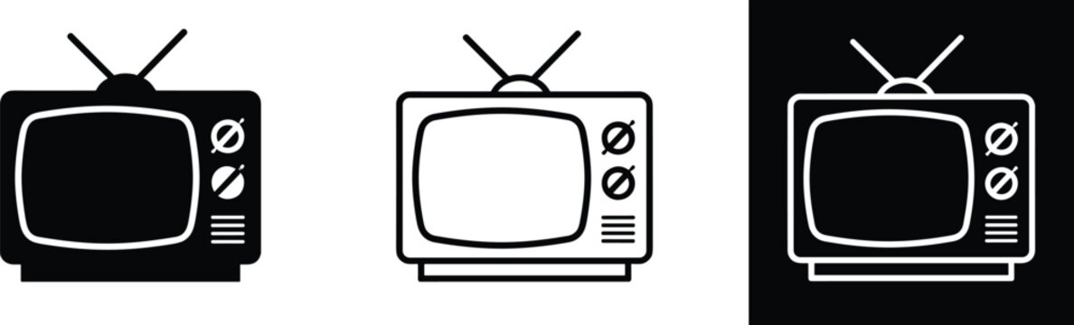 Retro television icon set featuring vintage tv with antenna in outline solid glyph and inverted line style isolated vector.
