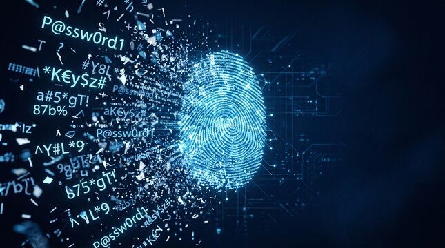 Digital fingerprint authentication with password data and cybersecurity concept on futuristic technology background