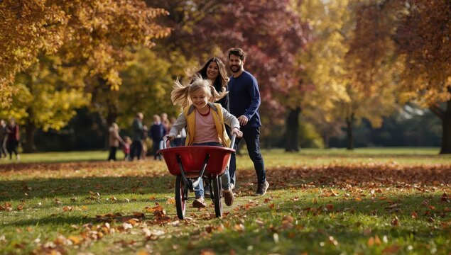 A happy family participates in a fun wheelbarrow race amidst vibrant fall foliage in a green park.