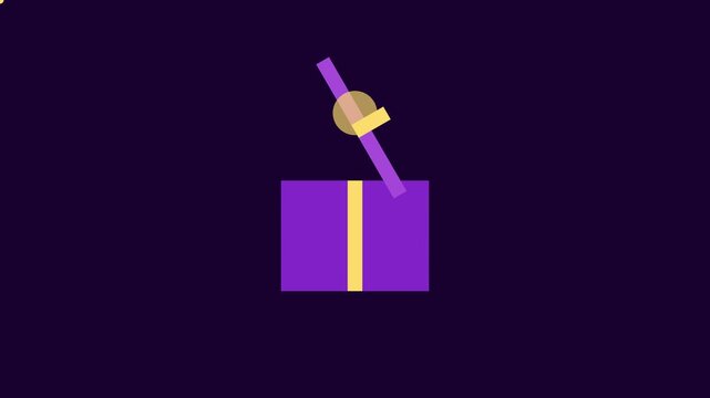 Purple gift box opening animation with yellow ribbon, minimalist 2 d flat motion for celebration and surprise concepts 4k