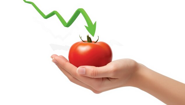 A hand holding a tomato with a green downward arrow, showing a price decrease on a white backdrop.