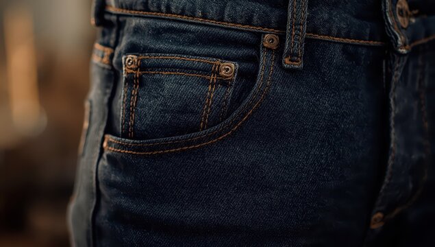 Detail shot of jeans' front pocket and belt loop, highlighting stitching, texture, and durable material.