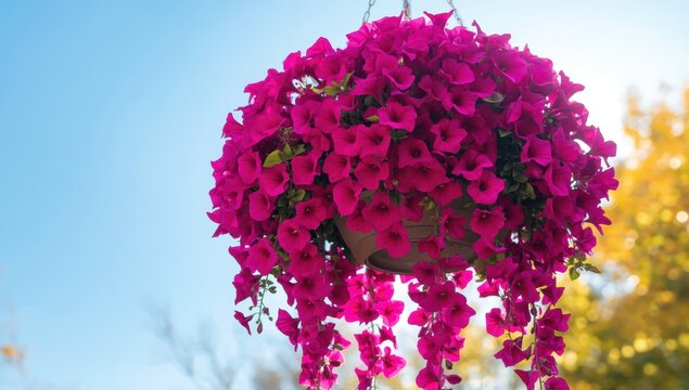 Bright magenta Surfinia petunias overflowing from a hanging basket, robust F1 hybrids designed for containers, yielding abundant flowers and lengthy trailing growth throughout the season.
