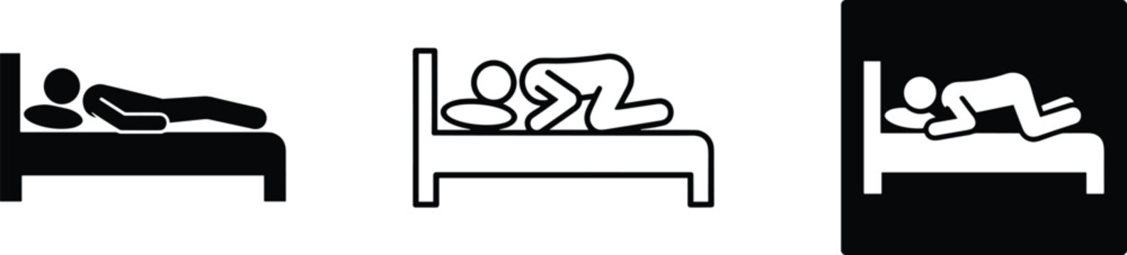 Man sleeping in bed stick figure icon set showing different rest positions back stomach flat outline and inverted style vector.
