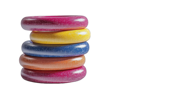 A stack of five colorful, glossy rings, possibly made of a resin or plastic material,  sit against a black background, exhibiting a slight speckled texture