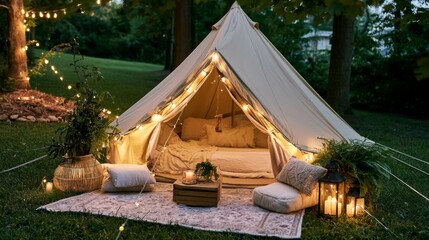 Fototapeta premium Cozy and Inviting Outdoor Glamping Tent Decorated with Fairy Lights and Soft Furnishings in a Serene Garden Setting