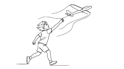 Child Running and Launching a Glider Toy Airplane into the Sky