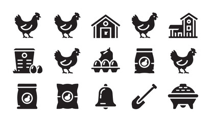 Poultry farming icon collection featuring chickens barns eggs in crates and agricultural tools for farmers. © VANU