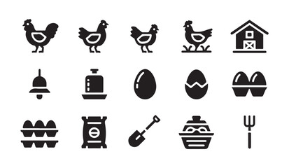 Set of poultry and egg production icons showcasing chickens hatching eggs barns feed bags and farm tools. © VANU