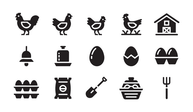 Set of poultry and egg production icons showcasing chickens hatching eggs barns feed bags and farm tools.
