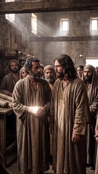 Jesus Healing a Man with a Withered Hand in an Ancient Synagogue vertical video