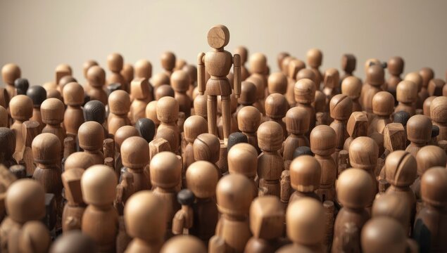 Wooden figures depict one standing alone, representing individuality and the decision to oppose social influence.