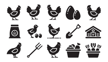 Farm icons chicken coop eggs food and tools isolated vector silhouette set. © VANU