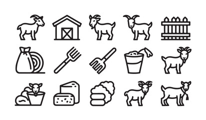 Goat farm icon set featuring animals barn fence milking equipment and dairy products for agriculture industry. © VANU