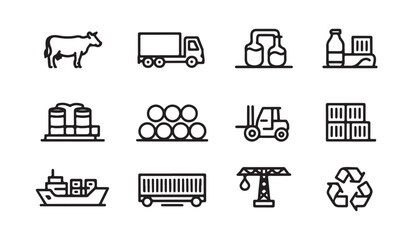Fototapeta premium Logistics and transportation icons for shipping and industry including trucks ships and containers.