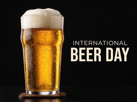 International Beer Day Banner with Cold Glass of Lager Beer and Foam on Dark Background