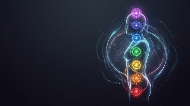 Human silhouette with glowing chakra symbols for spiritual energy