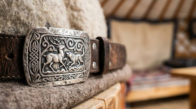 Vintage silver belt buckle with engraved deer and wolf on leather