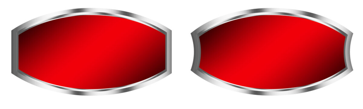 Red tech metal ellipse badge button, shape object set elements isolated on white background