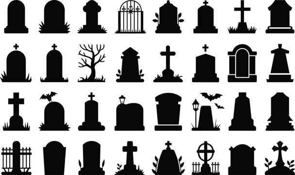 Set of halloween gravestone and tombstone silhouettes with crosses and spooky elements