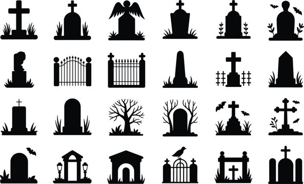 Set of halloween graveyard elements, cross, tombstone, tree, gate, and crypt silhouettes