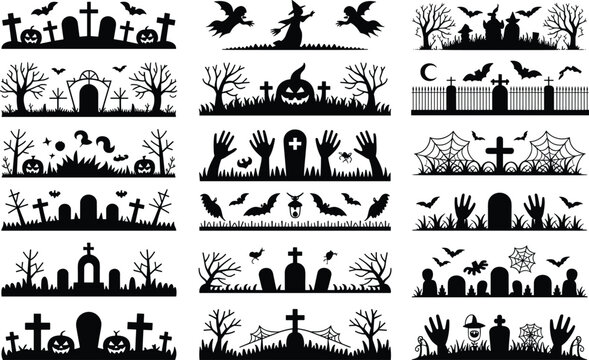 Set of halloween graveyard horizontal borders with witch, pumpkin, and spooky elements