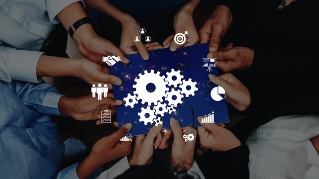 A vibrant display of diverse hands engaged in collaboration, surrounded by icons that symbolize teamwork, innovation, and strategic growth within a modern business context. Raster