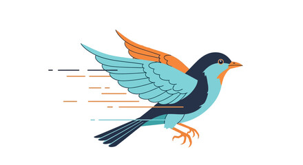 Fototapeta premium Stylized flat vector illustration of a fast flying bird with blue and orange wings isolated on a white background