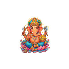 Obraz premium Detailed Colorful Illustration of Lord Ganesha Sitting on a Lotus Flower Representing Wisdom and Success