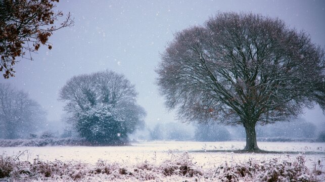 Serene Winter Landscape with Snowfall and Bare Trees in a Peaceful Countryside Setting