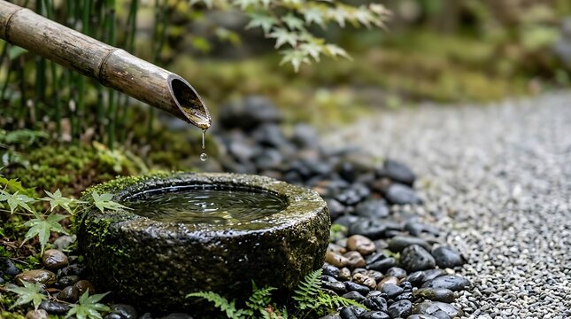 Water dripping from a bamboo spout into a stone basin in a zen garden