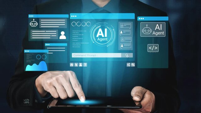 Business Professional Using Digital Tablet to Access AI Agent Interface with Futuristic Technology and Data Visualization in a Modern Office Setting. Entropy.