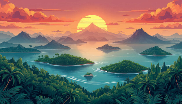Beautiful tropical island chain with lush forests, volcanic mountains, calm sea, and sunset colors. Designed for travel inspiration, tourism media, nature advertising, and landscape visuals