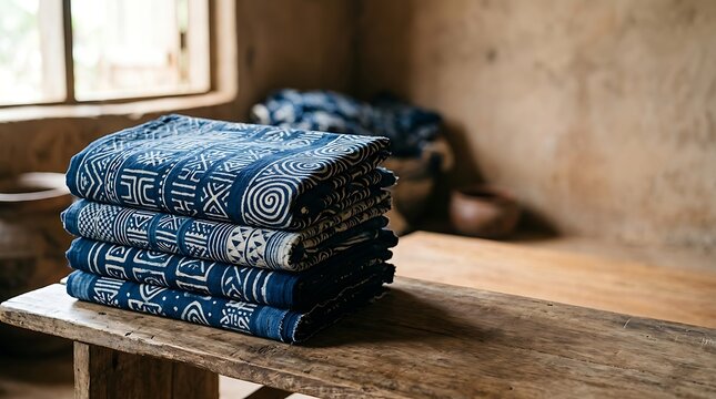 Stack of indigo dyed patterned textiles on a rustic wooden bench