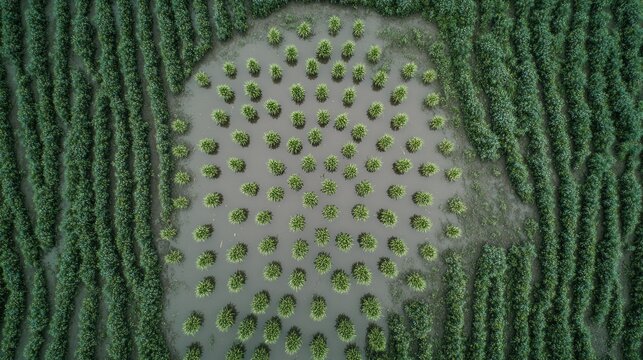 Geometric pattern in a field of crops.