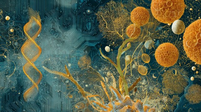 Biotechnology digital background with abstract molecular structures, dna helix, glowing scientific data visualization, futuristic medical research concept, genetic engineering innovation, bioinformati