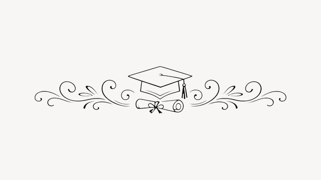 Elegant graduation cap and diploma line art with decorative swirls.