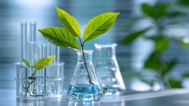Green leaf plant beside laboratory glass flask and vial in biotechnology research setting, sustainable plant science, botanical innovation, eco friendly scientific experiment, natural chemistry labora
