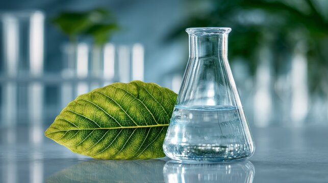 Green leaf beside glass flask filled with clear water in laboratory setting, natural science research concept, sustainable biotechnology, botanical research, eco friendly chemistry, plant based innova