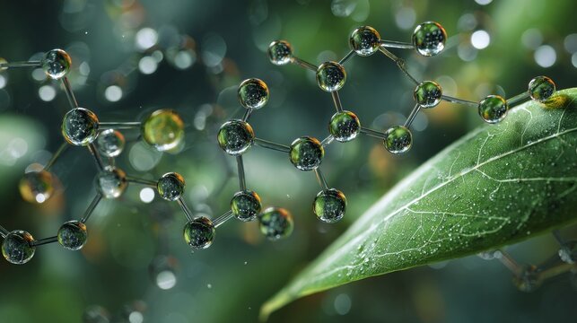 Molecular structure glowing on fresh green leaf with morning dew, botanical science concept, biotechnology research, eco friendly innovation, natural laboratory discovery, blurred green background wit