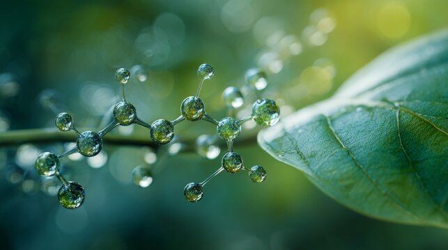 Molecular structure glowing on fresh green leaf with morning dew, botanical science concept, biotechnology research, eco friendly innovation, natural laboratory discovery, blurred green background wit