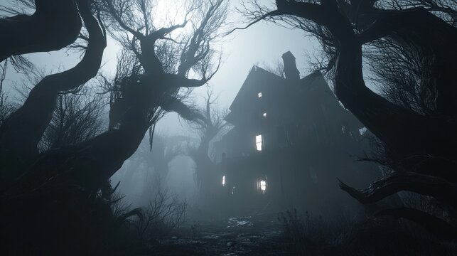 Spooky haunted house in dark forest