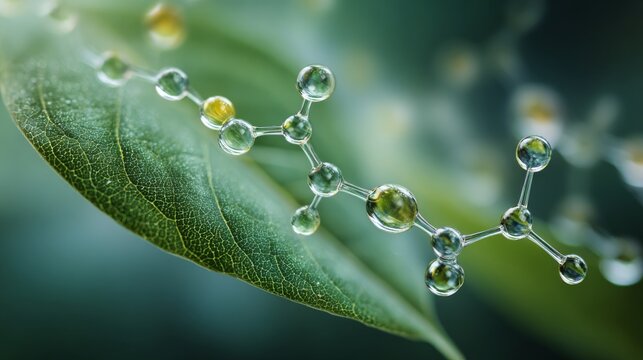 Molecular structure glowing on fresh green leaf with morning dew, botanical science concept, biotechnology research, eco friendly innovation, natural laboratory discovery, blurred green background wit