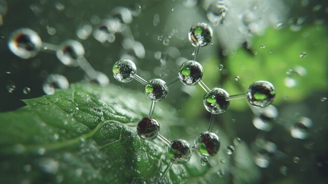 Molecular structure glowing on a fresh green leaf with morning dew, botanical science concept, nature inspired scientific research, blurred natural background with copy space for biotechnology, enviro