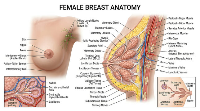 3D Human Female Breast Anatomy with Labeled Internal Structures &ndash; Medical Illustration for Science Learning and Biology Education Poster